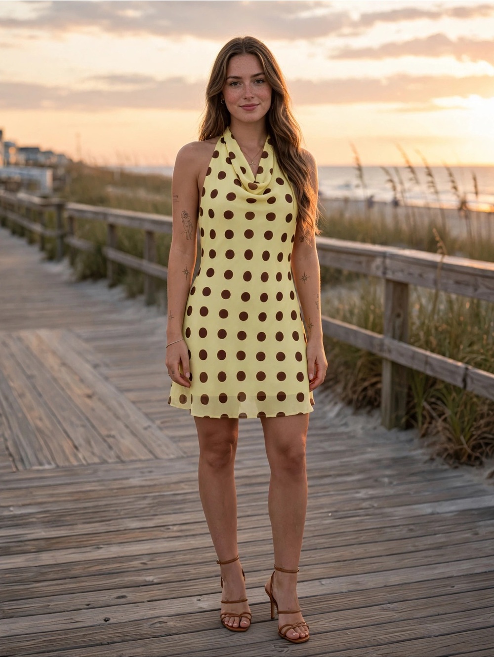 NWT Beverly & Beck PacSun Polka Dot Cowl Neck Mini Dress Cream Brown Large - Picture 4 of 11